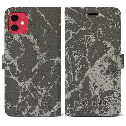 【府中（広島県）】地図柄iPhoneケース（手帳タイプ）モノトーン・iPhone 11 用