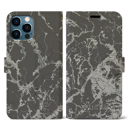 【府中（広島県）】地図柄iPhoneケース（手帳タイプ）モノトーン・iPhone 12 / 12 Pro 用
