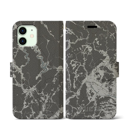 【府中（広島県）】地図柄iPhoneケース（手帳タイプ）モノトーン・iPhone 12 mini 用