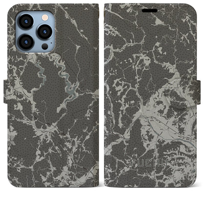 【府中（広島県）】地図柄iPhoneケース（手帳タイプ）モノトーン・iPhone 13 Pro Max 用