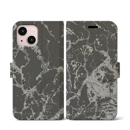 【府中（広島県）】地図柄iPhoneケース（手帳タイプ）モノトーン・iPhone 13 mini 用