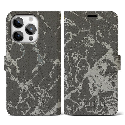 【府中（広島県）】地図柄iPhoneケース（手帳タイプ）モノトーン・iPhone 14 Pro 用