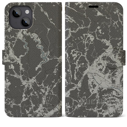 【府中（広島県）】地図柄iPhoneケース（手帳タイプ）モノトーン・iPhone 14 Plus 用