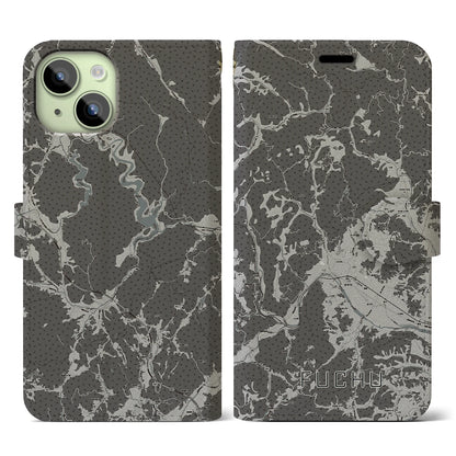 【府中（広島県）】地図柄iPhoneケース（手帳タイプ）モノトーン・iPhone 15 用