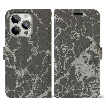 【府中（広島県）】地図柄iPhoneケース（手帳タイプ）モノトーン・iPhone 15 Pro 用