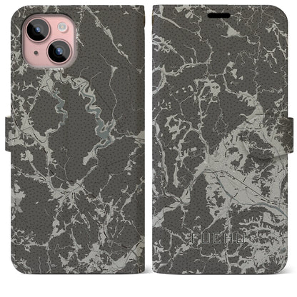 【府中（広島県）】地図柄iPhoneケース（手帳タイプ）モノトーン・iPhone 15 Plus 用