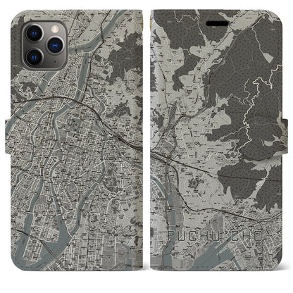 【府中町（広島県）】地図柄iPhoneケース（手帳タイプ）モノトーン・iPhone 11 Pro Max 用