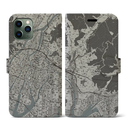 【府中町（広島県）】地図柄iPhoneケース（手帳タイプ）モノトーン・iPhone 11 Pro 用