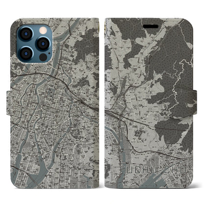 【府中町（広島県）】地図柄iPhoneケース（手帳タイプ）モノトーン・iPhone 12 / 12 Pro 用