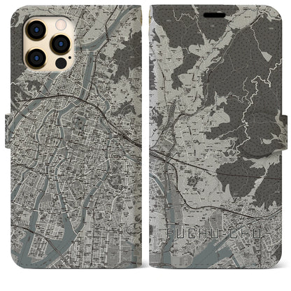 【府中町（広島県）】地図柄iPhoneケース（手帳タイプ）モノトーン・iPhone 12 Pro Max 用