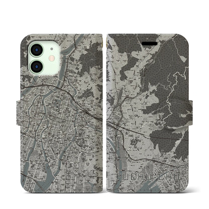 【府中町（広島県）】地図柄iPhoneケース（手帳タイプ）モノトーン・iPhone 12 mini 用