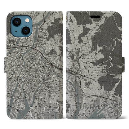 【府中町（広島県）】地図柄iPhoneケース（手帳タイプ）モノトーン・iPhone 13 用