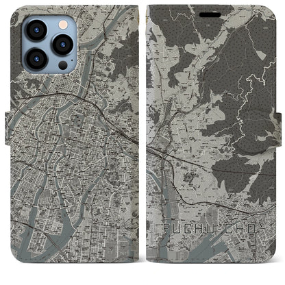 【府中町（広島県）】地図柄iPhoneケース（手帳タイプ）モノトーン・iPhone 13 Pro Max 用