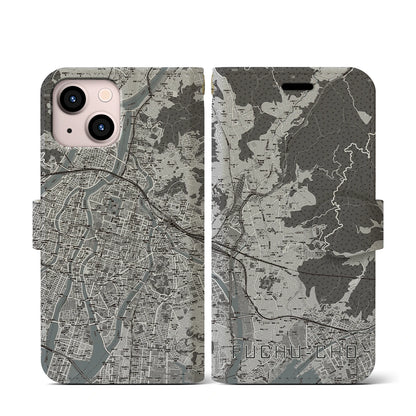 【府中町（広島県）】地図柄iPhoneケース（手帳タイプ）モノトーン・iPhone 13 mini 用