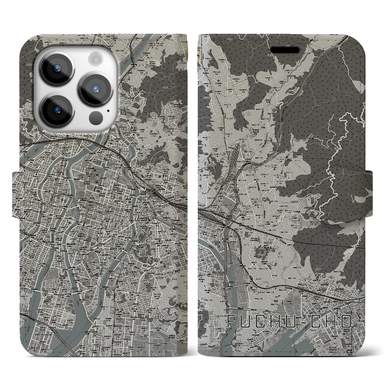 【府中町】地図柄iPhoneケース（手帳両面タイプ・モノトーン）iPhone 14 Pro 用