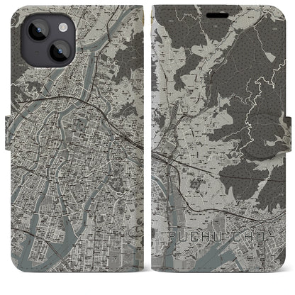 【府中町（広島県）】地図柄iPhoneケース（手帳タイプ）モノトーン・iPhone 14 Plus 用