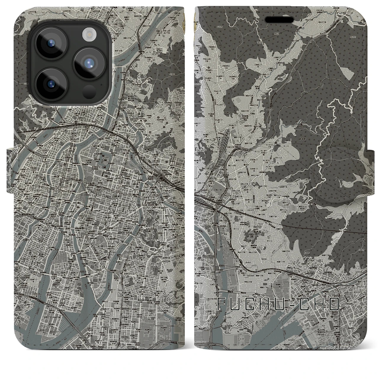 【府中町】地図柄iPhoneケース（手帳両面タイプ・モノトーン）iPhone 15 Pro Max 用