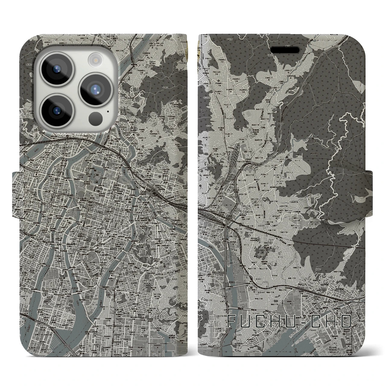 【府中町】地図柄iPhoneケース（手帳両面タイプ・モノトーン）iPhone 15 Pro 用