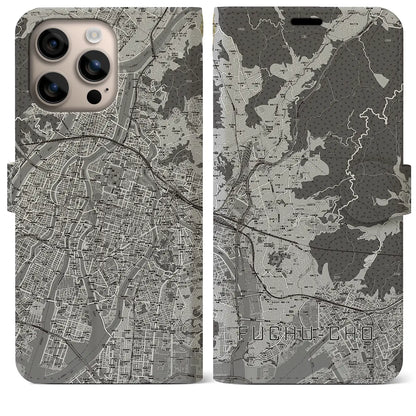 【府中町（広島県）】地図柄iPhoneケース（手帳タイプ）モノトーン・iPhone 16 Plus 用