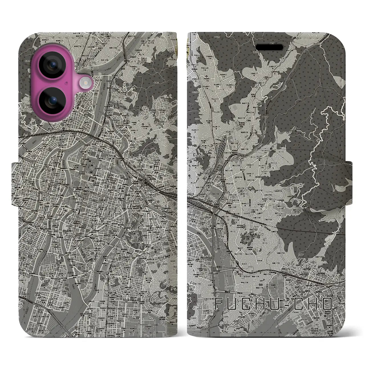 【府中町（広島県）】地図柄iPhoneケース（手帳タイプ）モノトーン・iPhone 16 Pro 用