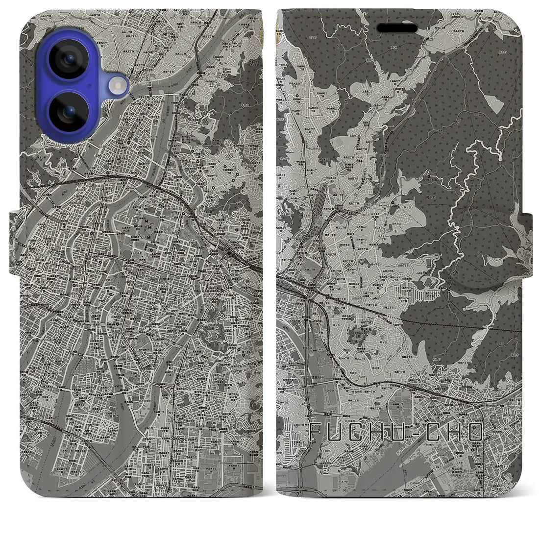 【府中町(広島県)】地図柄iPhoneケース(手帳タイプ)モノトーン・iPhone 16 Pro Max 用