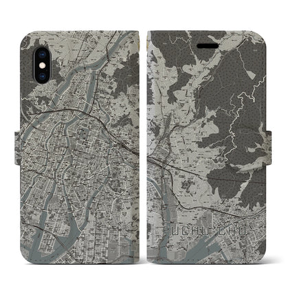 【府中町（広島県）】地図柄iPhoneケース（手帳タイプ）モノトーン・iPhone XS / X 用