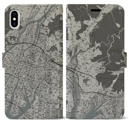 【府中町（広島県）】地図柄iPhoneケース（手帳タイプ）モノトーン・iPhone XS Max 用
