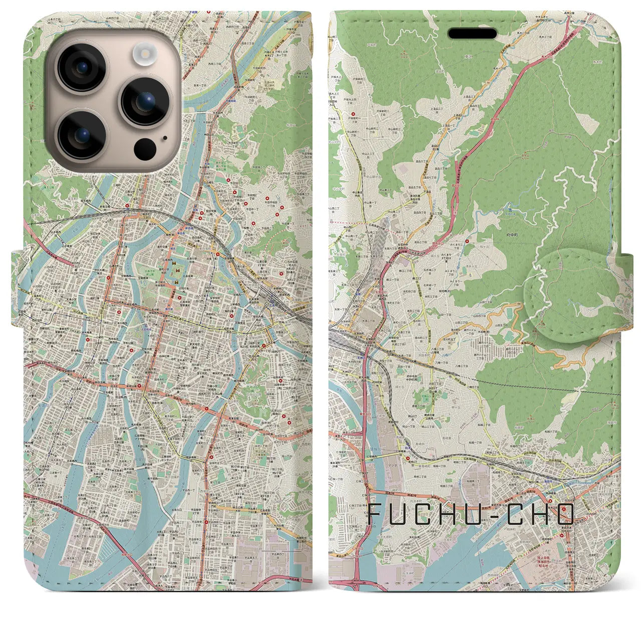 【府中町（広島県）】地図柄iPhoneケース（手帳タイプ）ナチュラル・iPhone 16 Plus 用