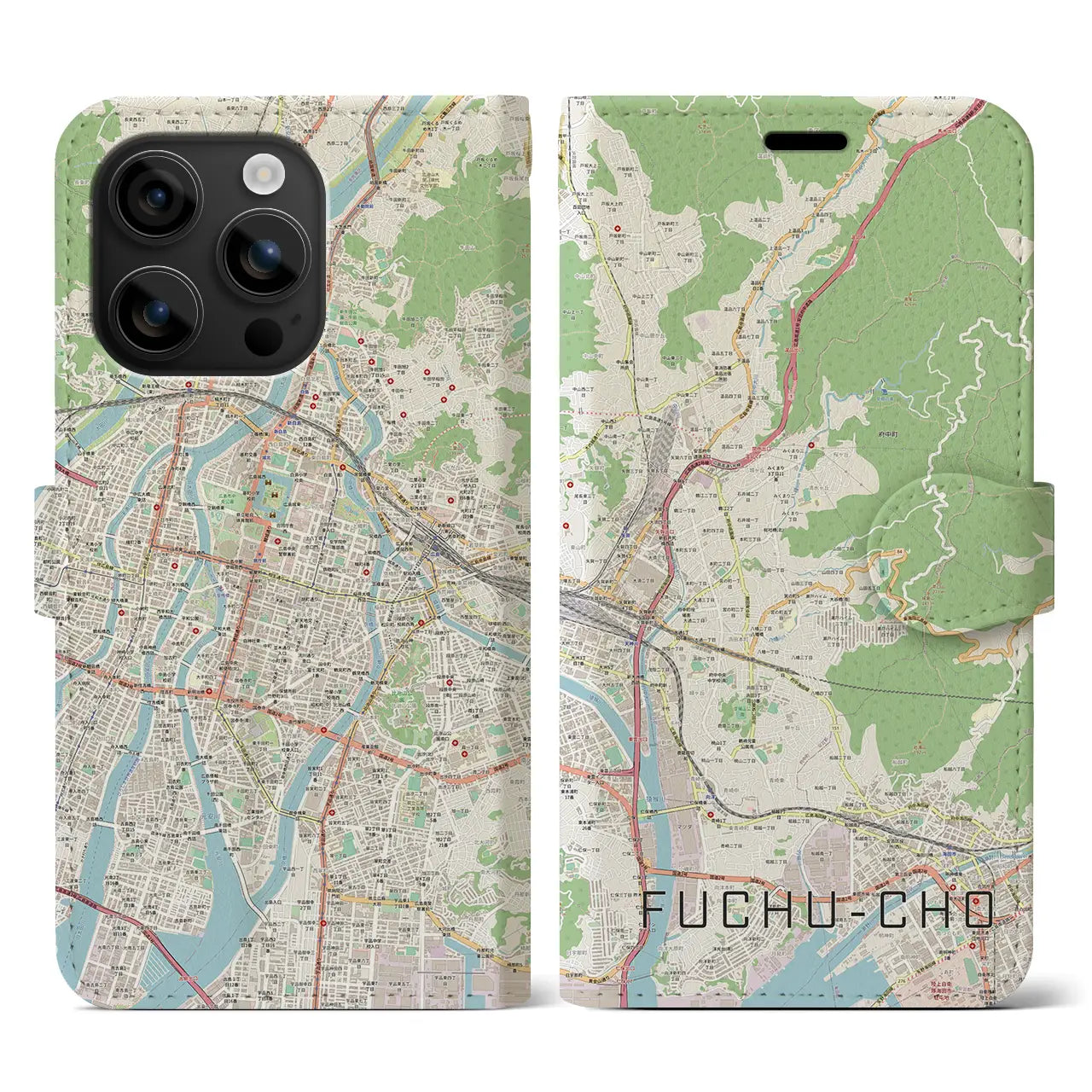 【府中町（広島県）】地図柄iPhoneケース（手帳タイプ）ナチュラル・iPhone 16 用