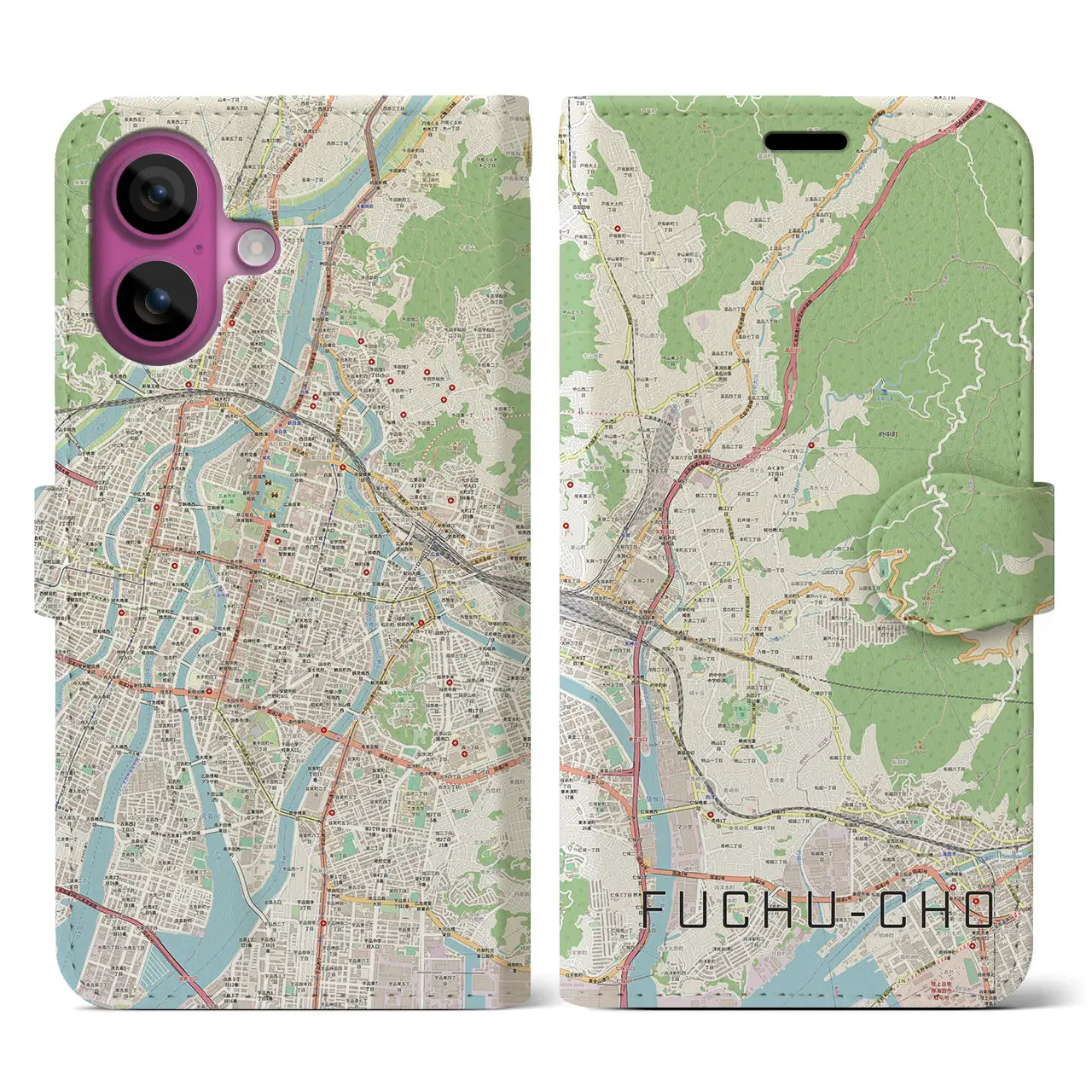 【府中町（広島県）】地図柄iPhoneケース（手帳タイプ）ナチュラル・iPhone 16 Pro 用