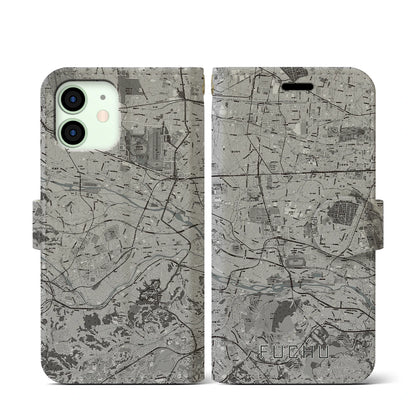【府中2（東京都）】地図柄iPhoneケース（手帳タイプ）モノトーン・iPhone 12 mini 用