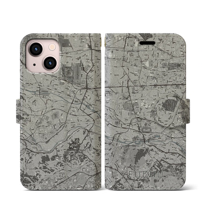 【府中2（東京都）】地図柄iPhoneケース（手帳タイプ）モノトーン・iPhone 13 mini 用