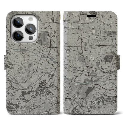 【府中2（東京都）】地図柄iPhoneケース（手帳タイプ）モノトーン・iPhone 14 Pro 用
