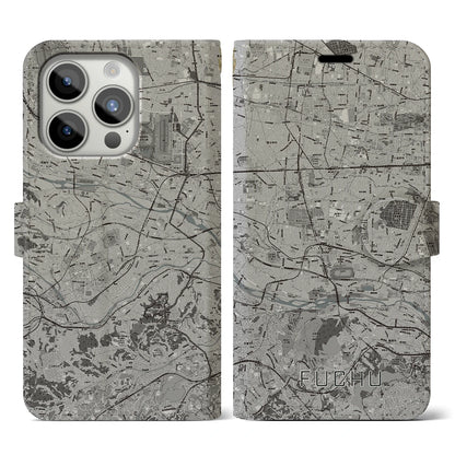【府中2（東京都）】地図柄iPhoneケース（手帳タイプ）モノトーン・iPhone 15 Pro 用