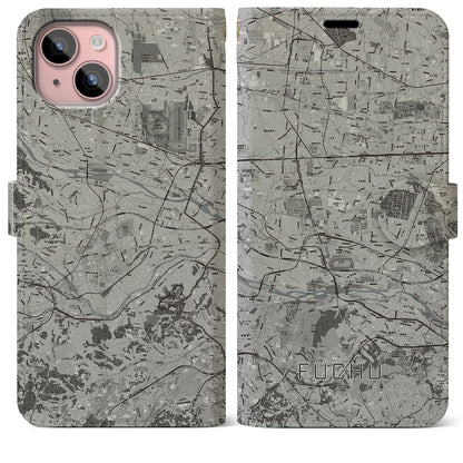 【府中2（東京都）】地図柄iPhoneケース（手帳タイプ）モノトーン・iPhone 15 Plus 用