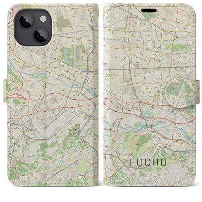 【府中2（東京都）】地図柄iPhoneケース（手帳タイプ）ナチュラル・iPhone 14 Plus 用