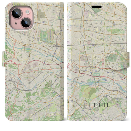 【府中2（東京都）】地図柄iPhoneケース（手帳タイプ）ナチュラル・iPhone 15 Plus 用