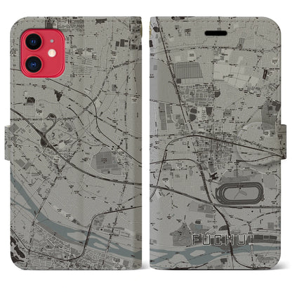 【府中（東京都）】地図柄iPhoneケース（手帳タイプ）モノトーン・iPhone 11 用
