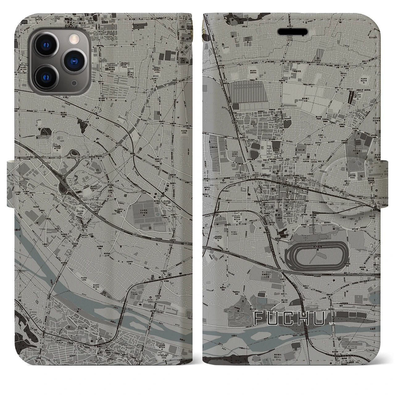 【府中】地図柄iPhoneケース（手帳両面タイプ・モノトーン）iPhone 11 Pro Max 用