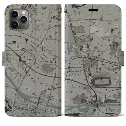 【府中（東京都）】地図柄iPhoneケース（手帳タイプ）モノトーン・iPhone 11 Pro Max 用