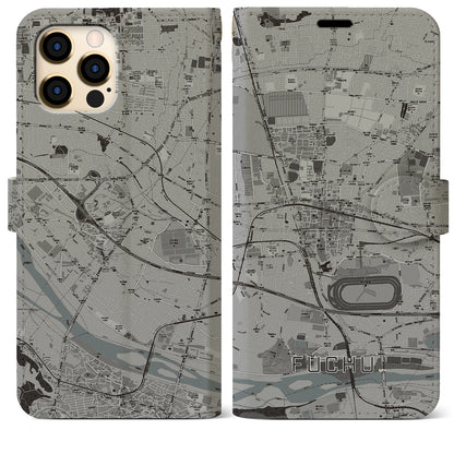 【府中（東京都）】地図柄iPhoneケース（手帳タイプ）モノトーン・iPhone 12 Pro Max 用