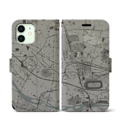 【府中（東京都）】地図柄iPhoneケース（手帳タイプ）モノトーン・iPhone 12 mini 用