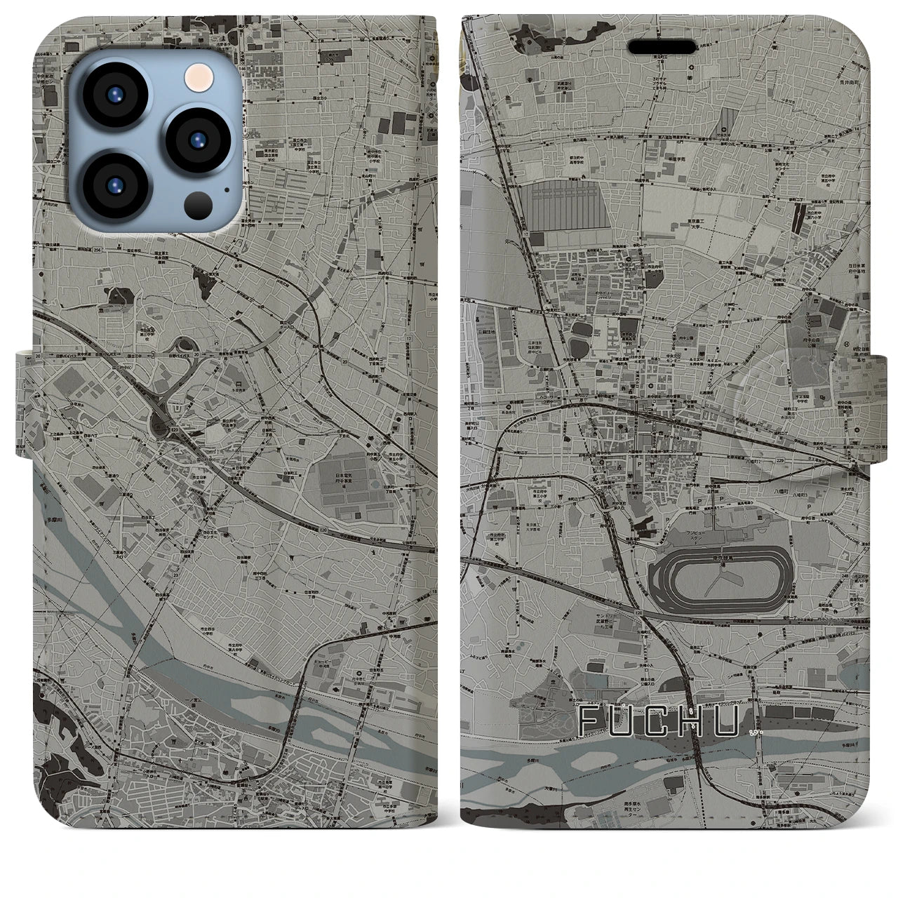 【府中】地図柄iPhoneケース（手帳両面タイプ・モノトーン）iPhone 13 Pro Max 用