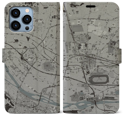 【府中（東京都）】地図柄iPhoneケース（手帳タイプ）モノトーン・iPhone 13 Pro Max 用