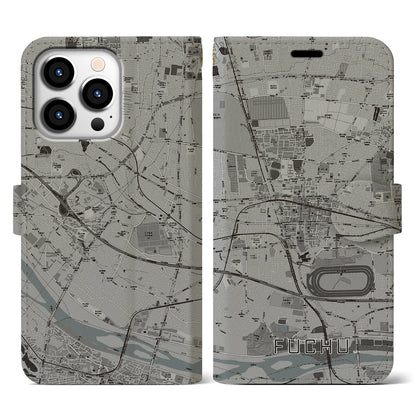 【府中（東京都）】地図柄iPhoneケース（手帳タイプ）モノトーン・iPhone 13 Pro 用