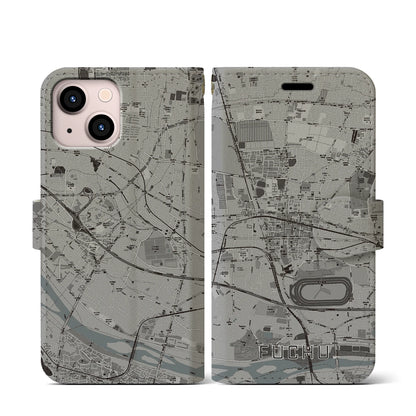 【府中（東京都）】地図柄iPhoneケース（手帳タイプ）モノトーン・iPhone 13 mini 用