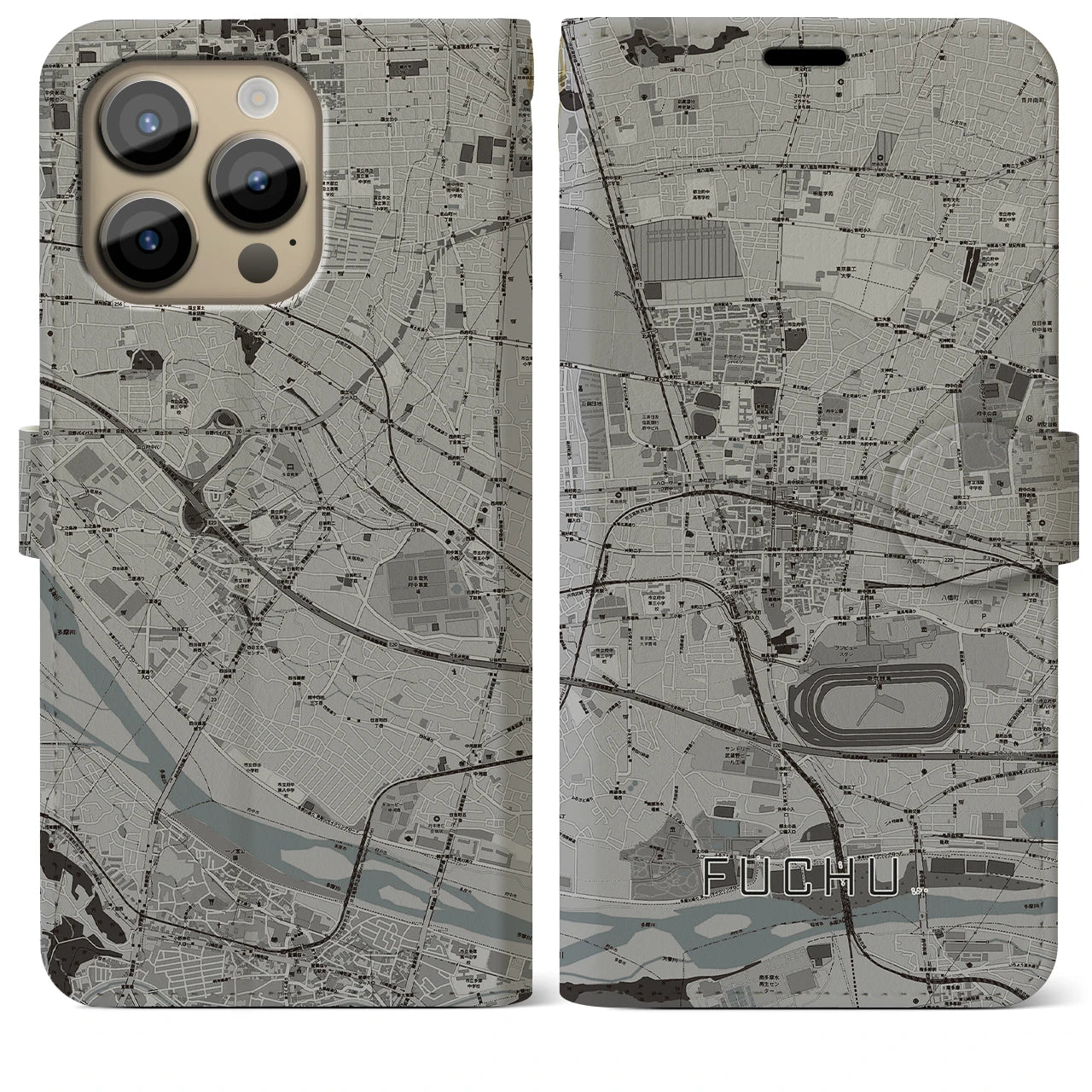 【府中】地図柄iPhoneケース（手帳両面タイプ・モノトーン）iPhone 14 Pro Max 用