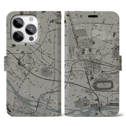 【府中（東京都）】地図柄iPhoneケース（手帳タイプ）モノトーン・iPhone 14 Pro 用