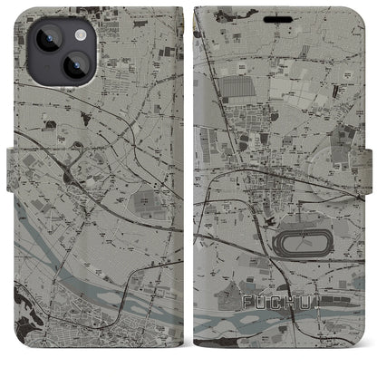 【府中（東京都）】地図柄iPhoneケース（手帳タイプ）モノトーン・iPhone 14 Plus 用