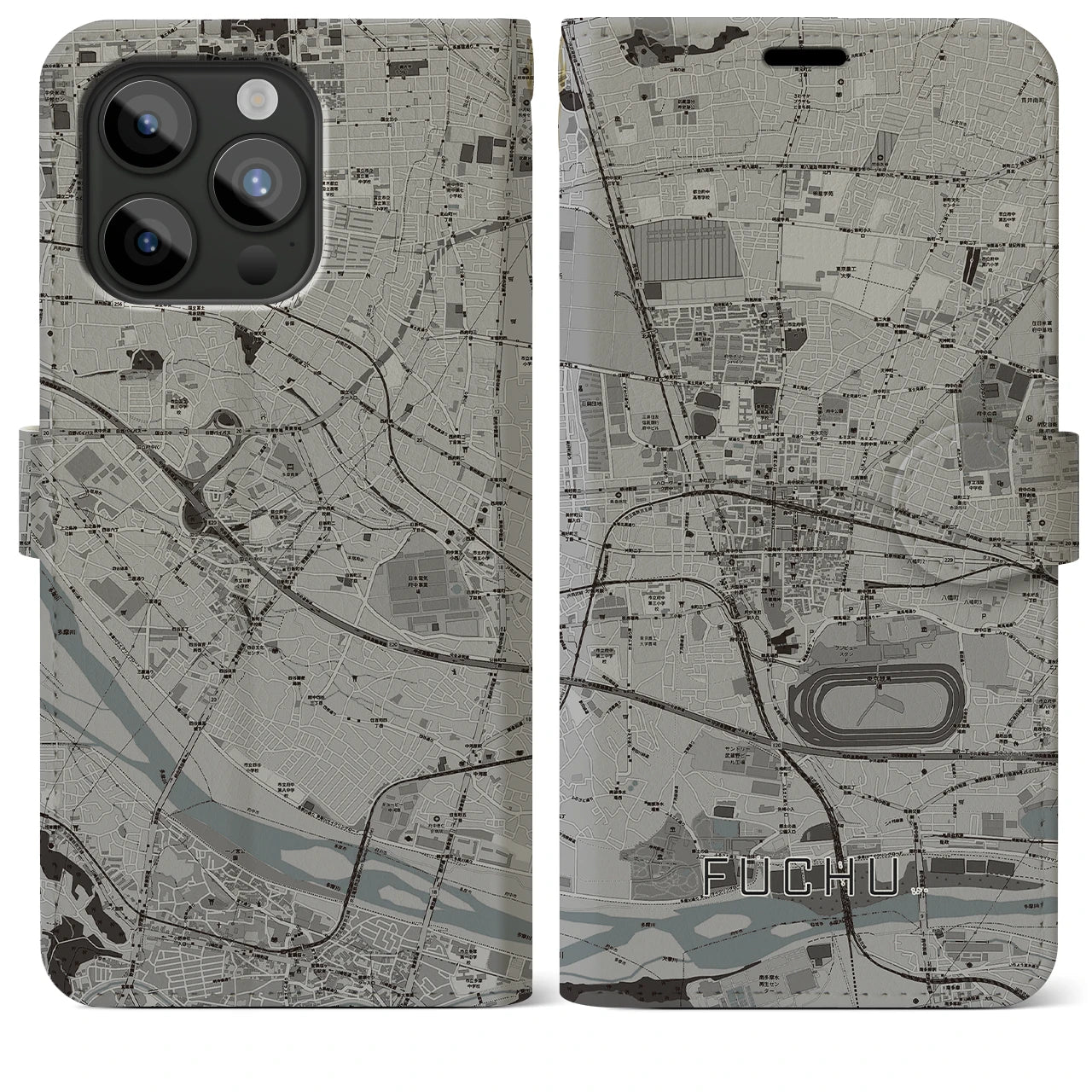 【府中】地図柄iPhoneケース（手帳両面タイプ・モノトーン）iPhone 15 Pro Max 用